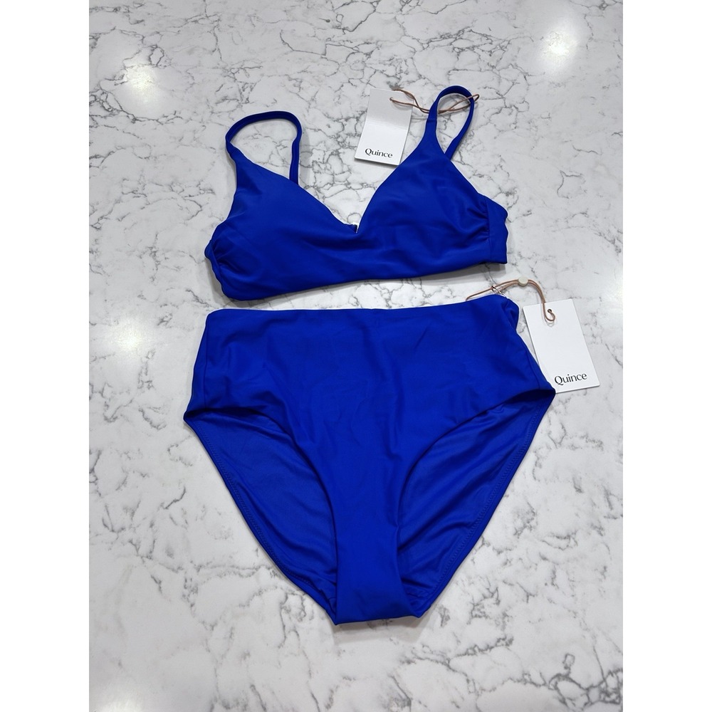 NWT Quince Electric Blue Italian V Neck Bikini Top & High Rise Bottom Set XS